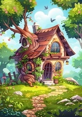 Obraz premium A Cartoon Illustration Of A Tree House With A Stone House