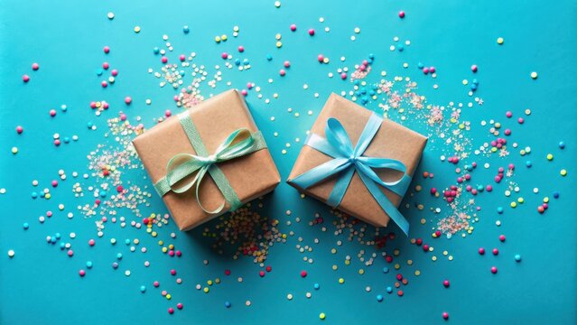 Top view of two gift boxes wrapped in kraft paper and tied with ribbon on blue background with confetti, perfect gift idea for him and her