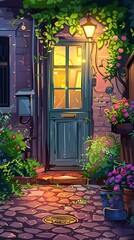 Fototapeta premium Night Doorway with Brick Wall and Cobblestone Path