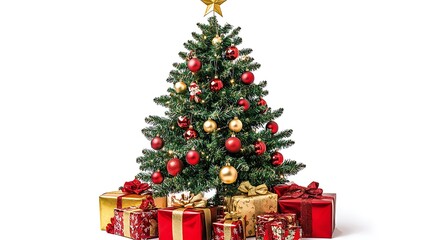 Obraz premium A decorated Christmas tree surrounded by colorful gift boxes, symbolizing holiday celebration and gifting.