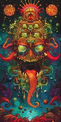 Fototapeta premium Psychedelic Digital Art Illustration of a Monster with Eyes and a Long Tongue