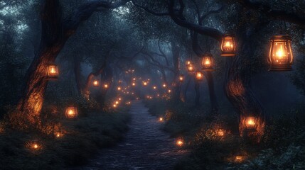 Enchanted forest pathway illuminated by warm lantern light during twilight hours