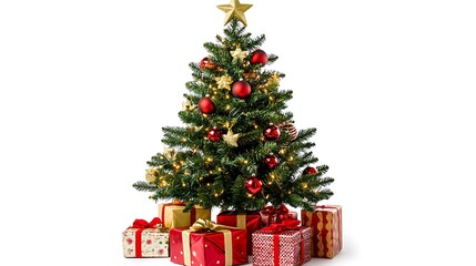 A decorated Christmas tree with ornaments and gifts underneath, symbolizing holiday celebration.