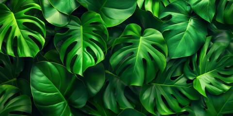 Obraz premium A dense arrangement of lush green tropical leaves fills the backdrop, showcasing various shapes and textures that evoke a refreshing, peaceful atmosphere in nature