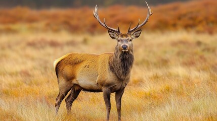 Majestic stag standing proud in an autumn landscape with colorful foliage in the background