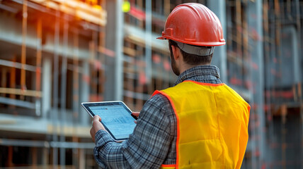 Construction worker checks project plans on tablet at building site during daylight hours