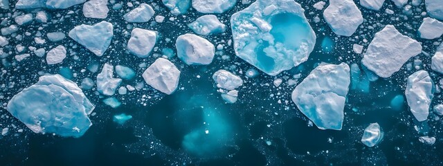An aerial view of an iceberg floating in the water, showcasing its massive size and intricate details. The cold blue tones of the ice contrast with the dark ocean waters.