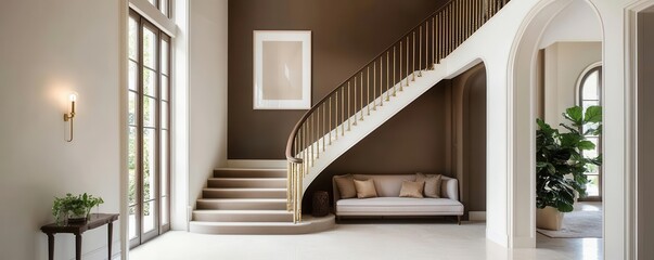 Elegant staircase with chocolate brown walls, gold accents, and warm lighting creating a luxurious vibe   elegant home, warm tones