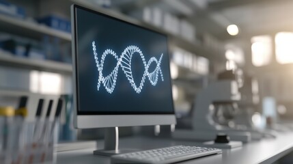 A sleek computer displays a dynamic DNA strand graphic, set in a modern laboratory filled with scientific equipment.