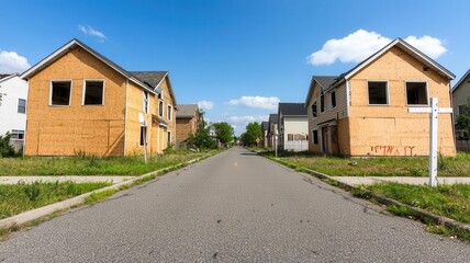 Naklejka premium Empty street with boarded-up houses and foreclosure signs, symbolizing housing market collapse mortgage crisis, abandoned homes