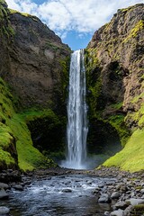 Obraz premium Icelandic Waterfall with Lush Green Cliffs