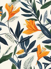 Tropical Leaves and Orange Flowers Seamless Pattern