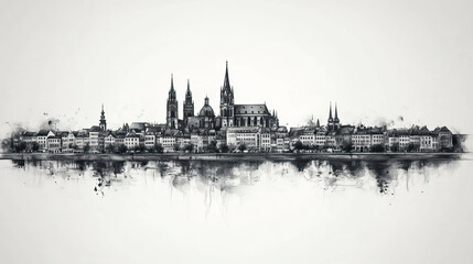 Fototapeta premium Mainz, Germany, black and white pen pencil hand-drawn effect drawing illustration for travel poster, card, wallpaper, backdrop or banner. Modern, clear, artistic and simple