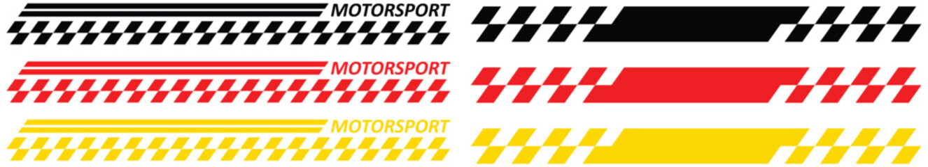 Yellow Golden Black racing sport car strips arrow and race line decals for speed. Vector race car, auto, motorcycle, bike vinyl stickers and lines. Racing start and finish flag