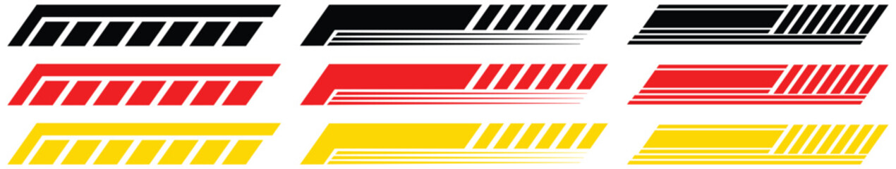 Yellow Golden Black racing sport car strips arrow and race line decals for speed. Vector race car, auto, motorcycle, bike vinyl stickers and lines. Racing start and finish flag