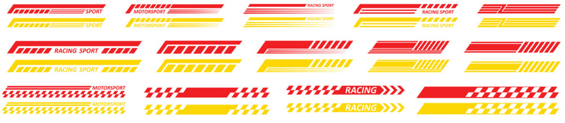 Yellow Golden racing sport car strips arrow and race line decals for speed. Vector race car, auto, motorcycle, bike vinyl stickers and lines. Racing start and finish flag