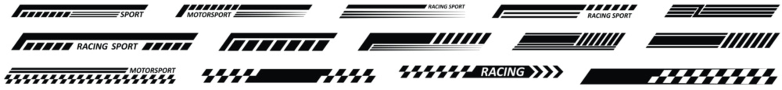 Black racing sport car strips arrow and race line decals for speed. Vector race car, auto, motorcycle, bike vinyl stickers and lines. Racing start and finish flag
