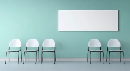 Modern waiting area with minimalist design featuring white chairs and a blank wall in light blue