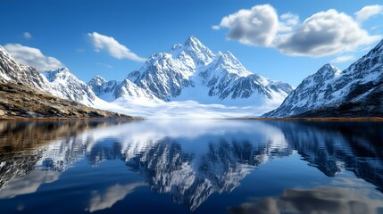 Fototapeta premium Serene alpine lake mirroring majestic snow-capped peaks, surrounded by lush greenery, creating a tranquil escape in nature's embrace.