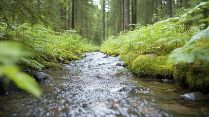 Obraz premium Serene Forest Stream Flowing Through Lush Greenery, Capturing the Tranquility of Nature and the Soothing Sounds of Water in a Peaceful Woodland Setting