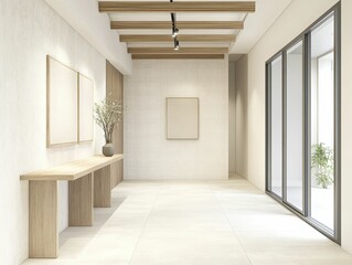 Serene Hallway Featuring a Cozy Bench and Lush Green Plant, Inviting Tranquility and Natural Elements in an Indoor Space