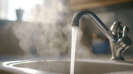 Steam rises from a faucet as hot water flows into a kitchen sink, creating a cozy and inviting atmosphere.