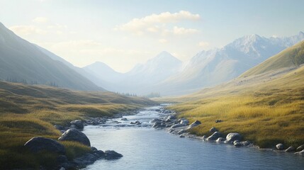 Serene Mountain Valley Stream Flowing Through Lush Green Landscape Surrounded by Majestic Peaks and Vibrant Wildflowers Under a Clear Blue Sky