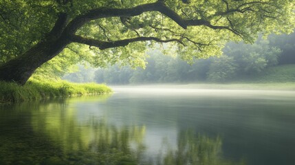 Fototapeta premium Serene Reflections: A Majestic Tree Overlooking a Calm Lake at Sunset, Capturing the Beauty of Natures Tranquility and Harmony