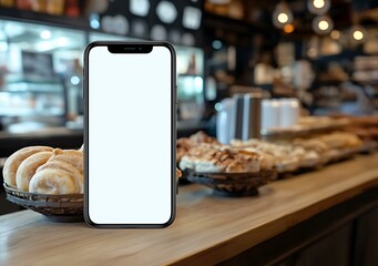 White Screen Smartphone Mockup on Wooden Countertop in Bakery