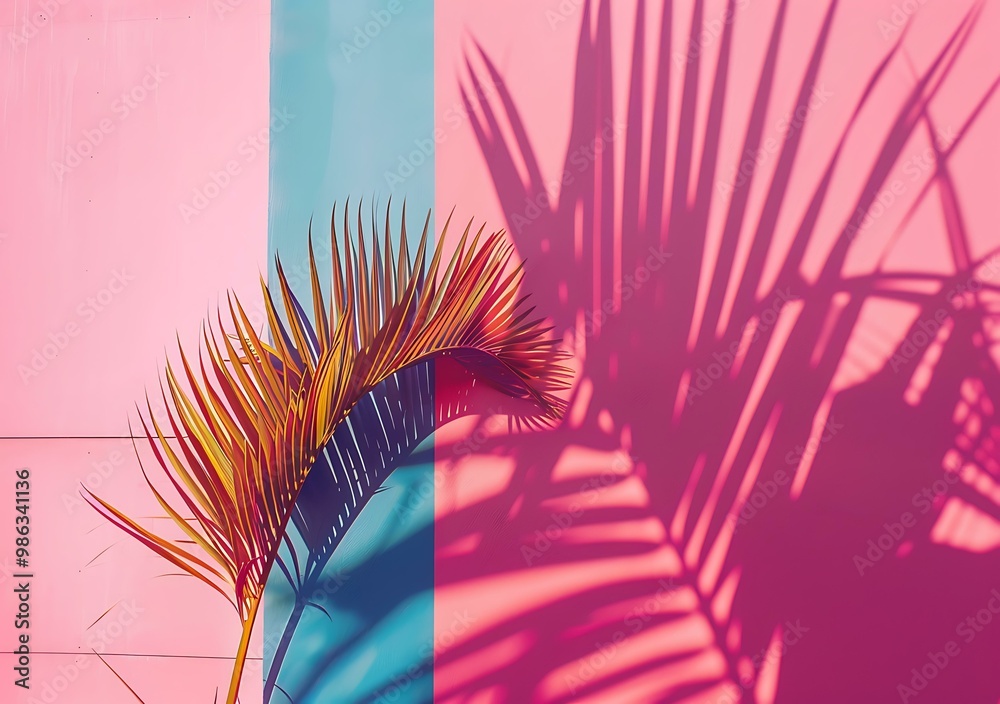 Poster Palm Leaf Shadow on Pink and Blue Wall