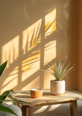 Sunlight Streaming Through Window onto a Table with a Plant and a Cup