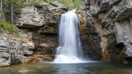 Obraz premium Serene Woodland Waterfall Cascading Through Lush Green Forest Amidst Vibrant Foliage and Tranquil Nature Sounds, Evoking Peace and Natural Beauty