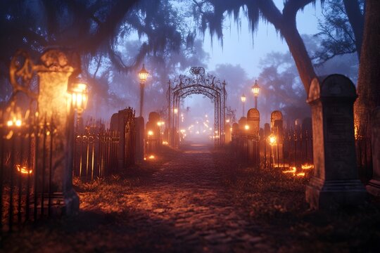 Eerie Graveyard Showcasing Spirited Halloween Masquerade Ball in Historic New Orleans with Elegant Partygoers in Ornate Venetian Masks