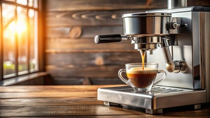 Freshly brewed coffee in an espresso machine on a wooden table with copy space