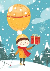 Boy With Balloon Gift In Winter
