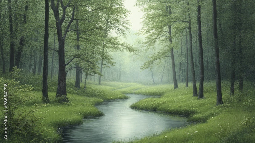 Poster Tranquil Forest Stream Surrounded by Lush Greenery and Sunlight Filtering Through the Trees, Capturing the Serenity of Natures Waterways