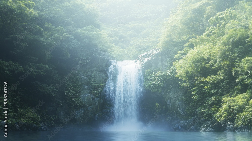 Sticker Tranquil Forest Waterfall Cascading Over Rocks Surrounded by Lush Greenery and Sunlight Filtering Through the Trees, Creating a Serene Natural Landscape