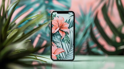 Obraz premium Close Up Of A Smartphone On A Table With Flowers On The Screen
