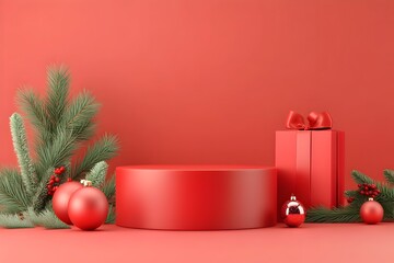 Bright Red Podium with Festive Ornaments and Holiday Cheer in 3D Rendering with Clean Studio Lighting
