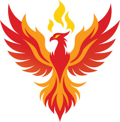 A phoenix rising from flames against a whit background