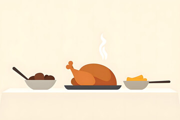 Minimalist illustration of roasted turkey with sides on a simple light background