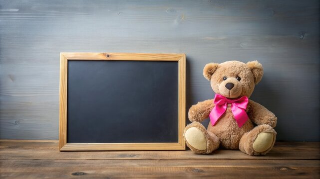 A soft teddy bear with a pink bow sits beside a blank chalkboard on a rustic wooden surface in a cozy setting. Mock up.