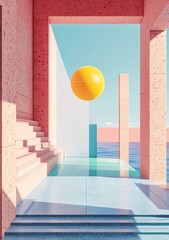 Minimalist Geometric Abstract Architecture with Pool and Sphere