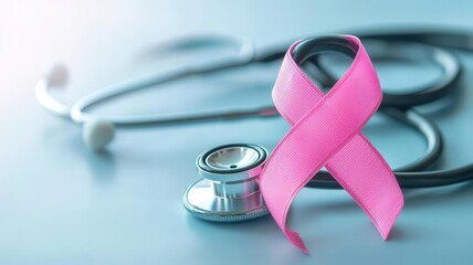 Pink ribbon intertwined with a stethoscope, representing medical care and breast cancer awareness