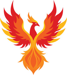 A phoenix rising from flames against a whit background