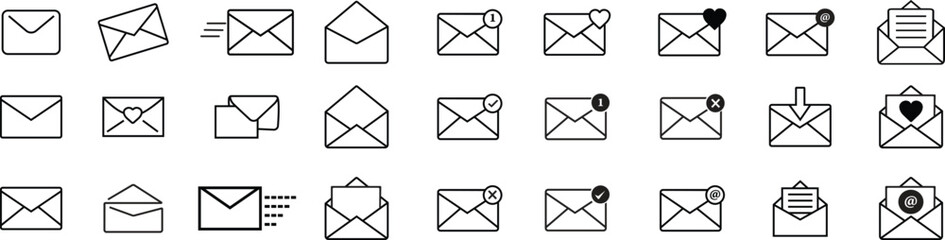 Email envelope icon set with marker new message isolated isolated on transparent background. Render email notification heart missed with letters, check mark, paper plane and magnifying glass.