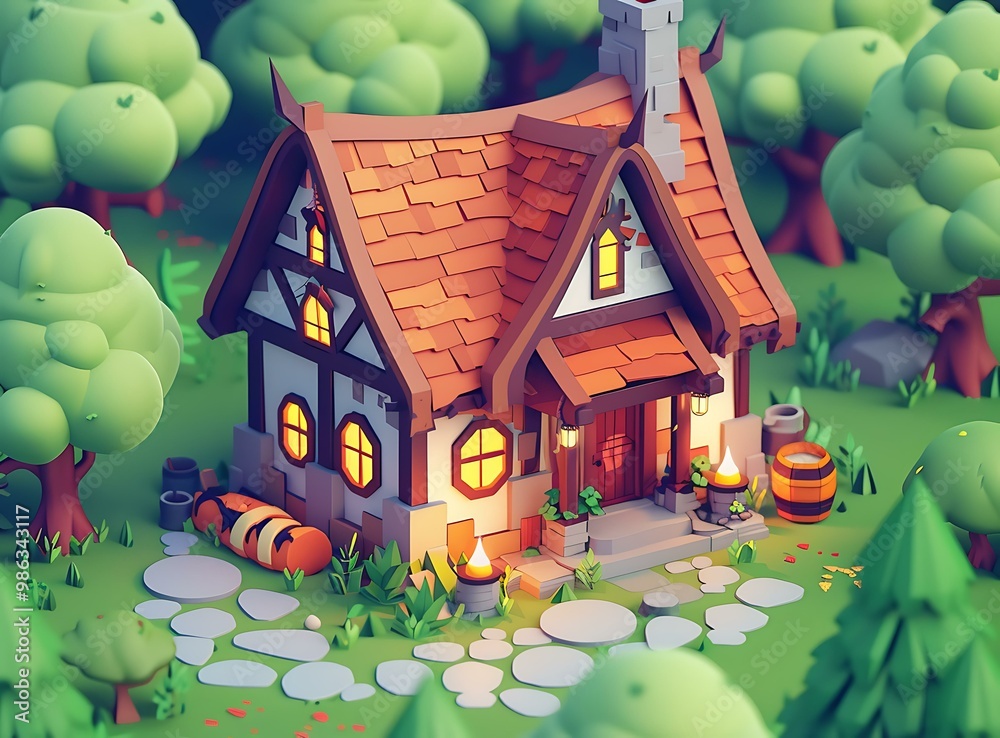 Sticker Low Poly Cottage Illustration with a Cozy Forest Setting