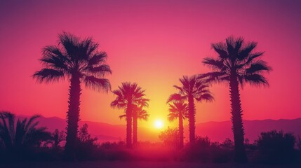 Obraz premium Vibrant sunset behind silhouetted palm trees in a desert landscape capturing serene beauty