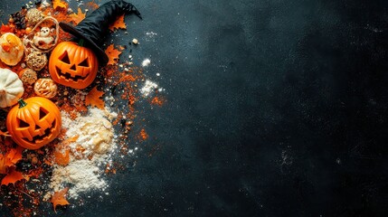 Halloween Celebration Banner, vibrant flat-lay arrangement of spooky decorations, Jack-o'-lantern molds, witch hat cookies, perfect for festive announcements and promotions.