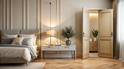 Mock up poster and stylish cabinet with lamp and decorations in a beige interior with an open door leading to a modern bedroom, perfect for interior design inspiration and home dec